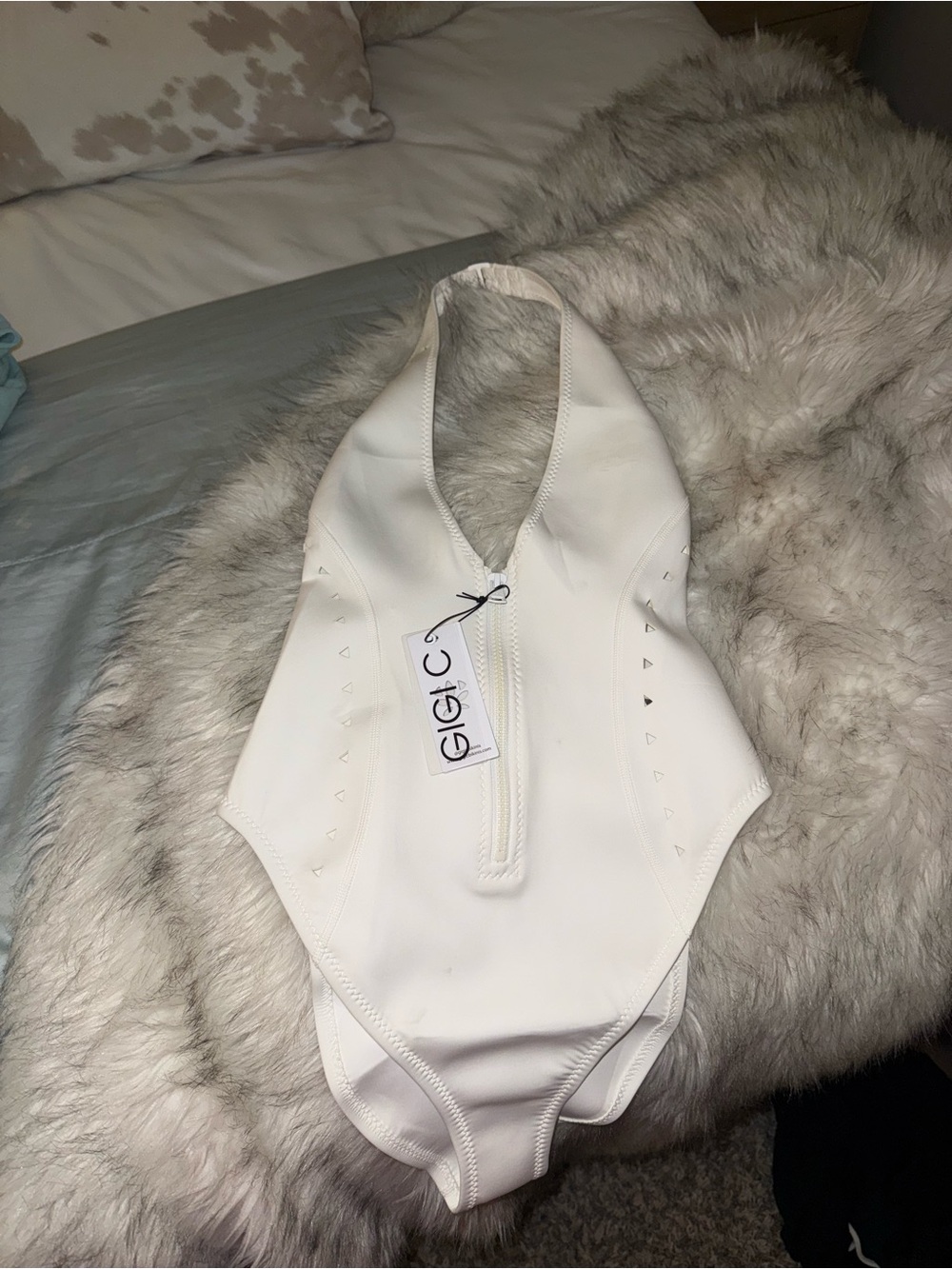 GIGI C White Front-Zip Halter Swim One-Piece